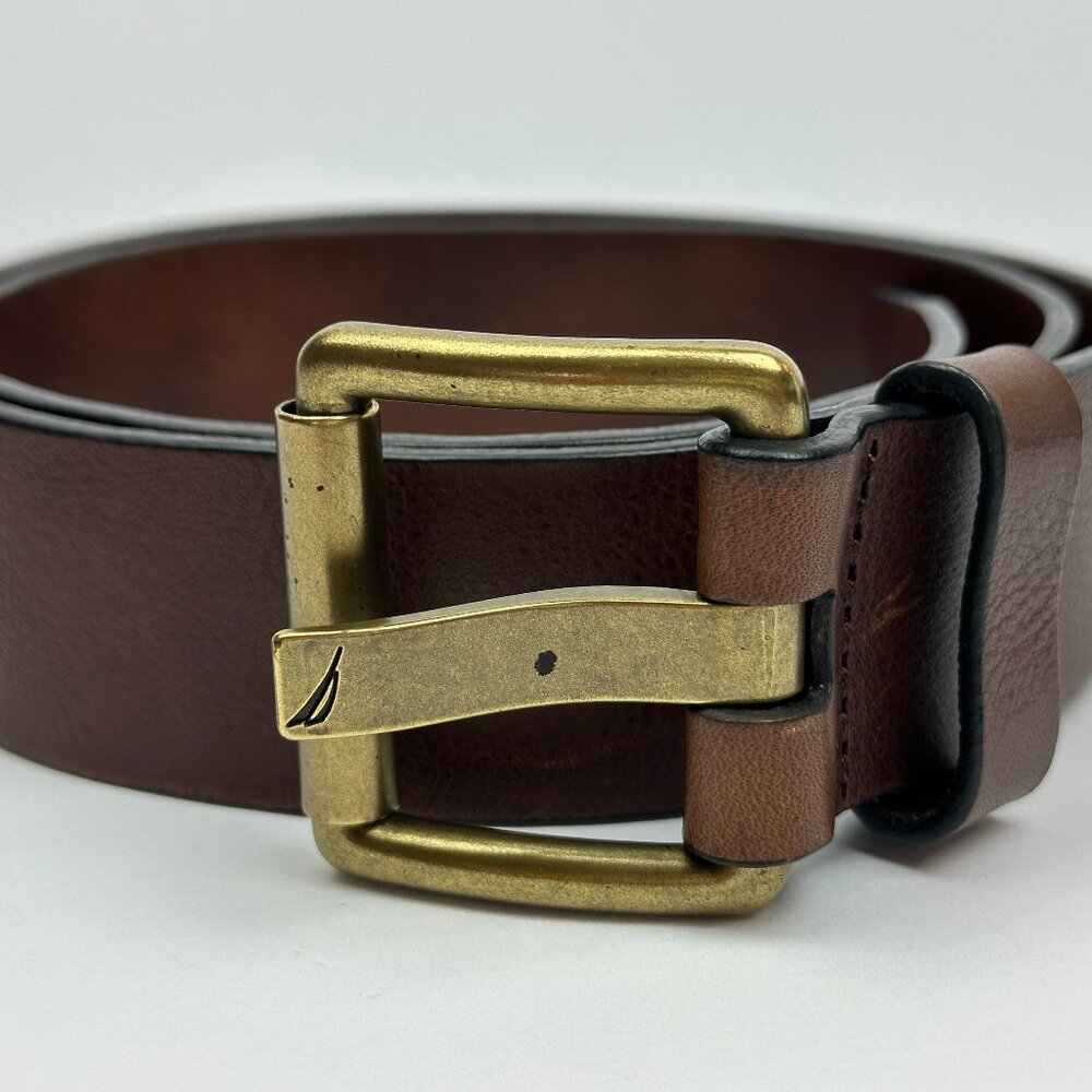 ⚓🤎 Nautica Brown Leather Belt Anchor Brass Buckle 34 36 Casual 1.5" Worn Once